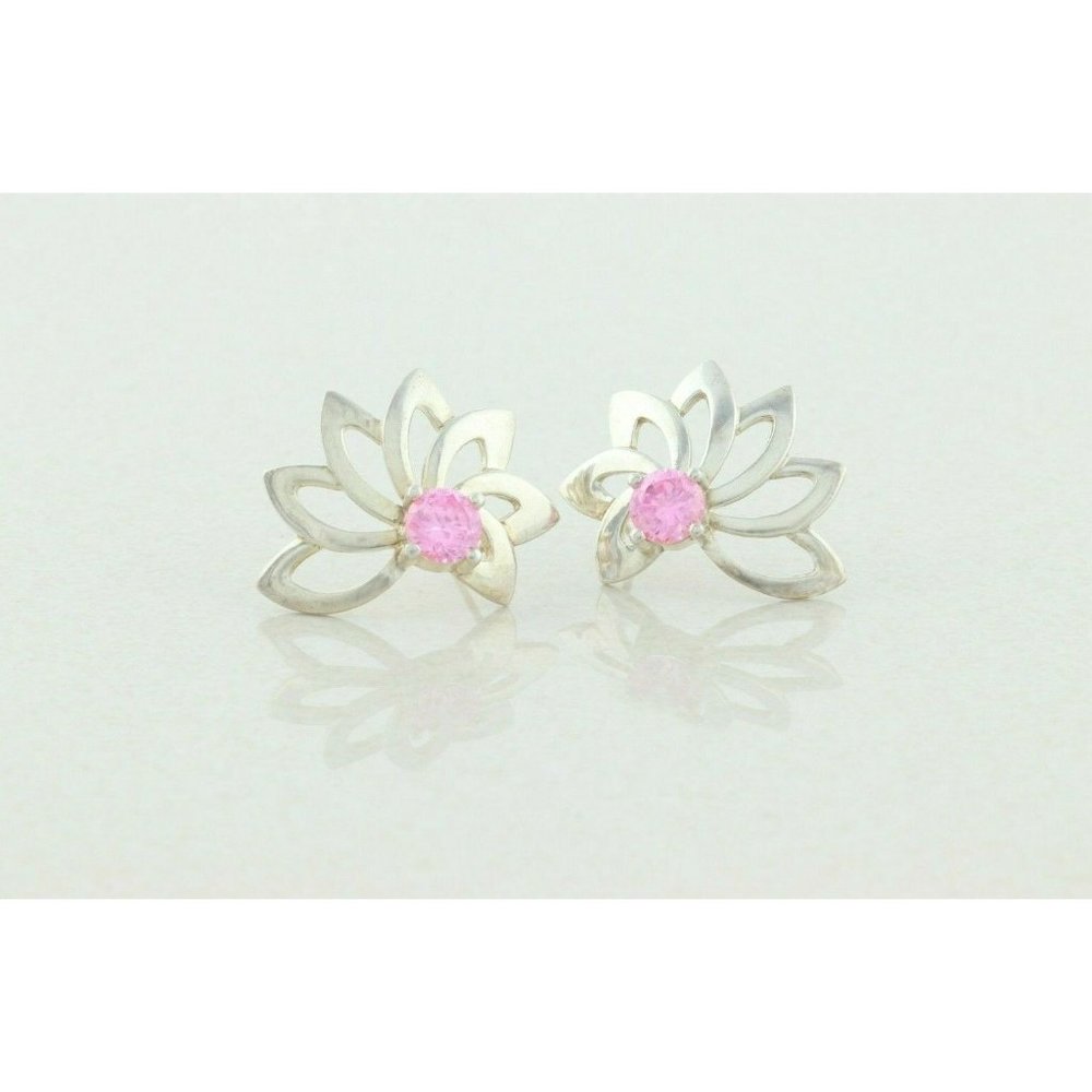 Sterling Silver Pink CZ lotus Earrings Stud Post